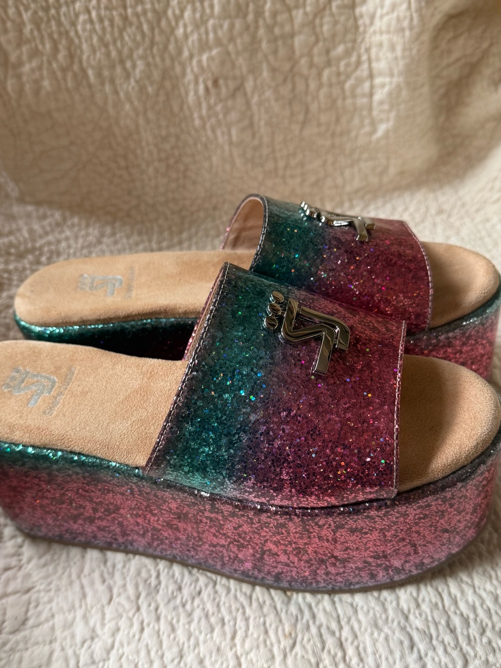 Shane Justin Rainbow Glitter Platform Slide Sandals EU 38 US 7.5